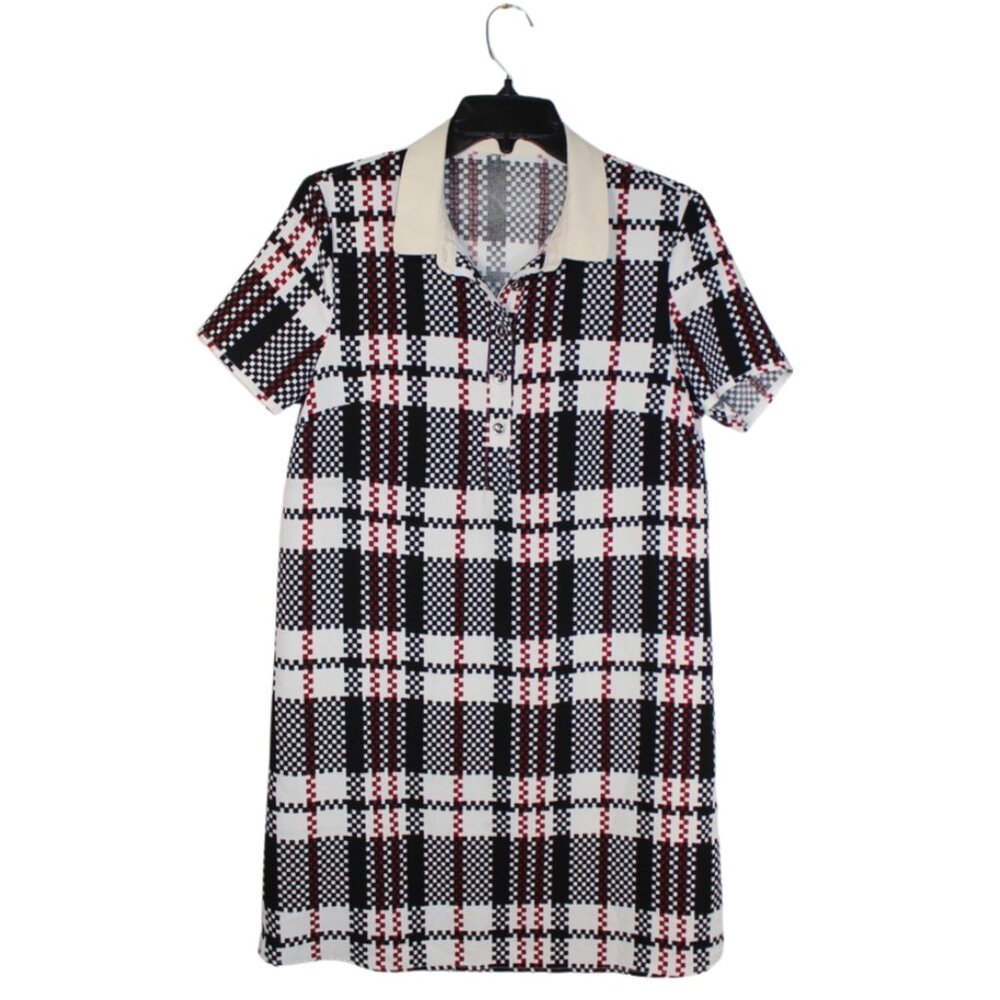 Vintage Mod Polo Dress | Black White Red Geometric Check | Button Placket |